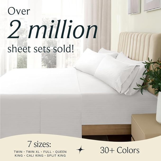 LuxClub 7 PC Split King Size Sheet Set Bed Sheets, Breathable Luxury Bed Sheets, Deep Pockets 18" Wrinkle Free Cooling Bed Sheets Machine Washable Hotel Bedding (Split King, Striped White) - LeafyLoom