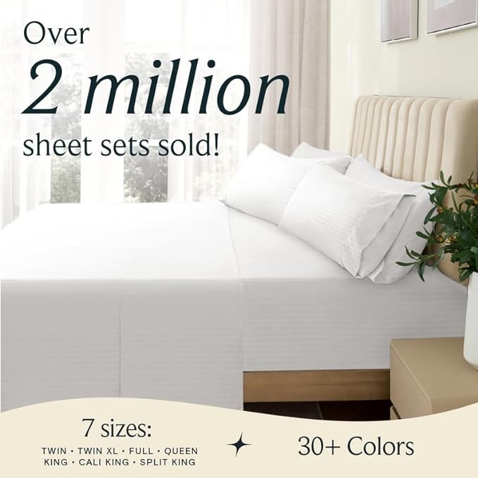 LuxClub 6 PC Full Size Sheet Set Bed Sheets, Breathable Luxury Bed Sheets, Deep Pockets 18" Wrinkle Free Cooling Bed Sheets Machine Washable Hotel Bedding (Full, Striped White) - LeafyLoom