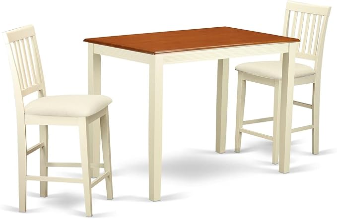 East West Furniture YAVN3-WHI-C 3 Piece Kitchen Counter Height Dining Table Set Contains a Rectangle Pub Table and 2 Linen Fabric Upholstered Chairs, 30x48 Inch, Buttermilk & Cherry - LeafyLoom