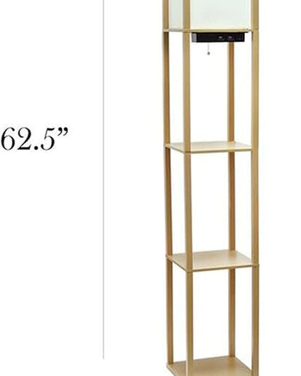 Simple Designs LF1037-TAN Floor Lamp Etagere Organizer Storage Shelf with 2 USB Charging Ports, 1 Charging Outlet and Linen Shade, Tan - LeafyLoom