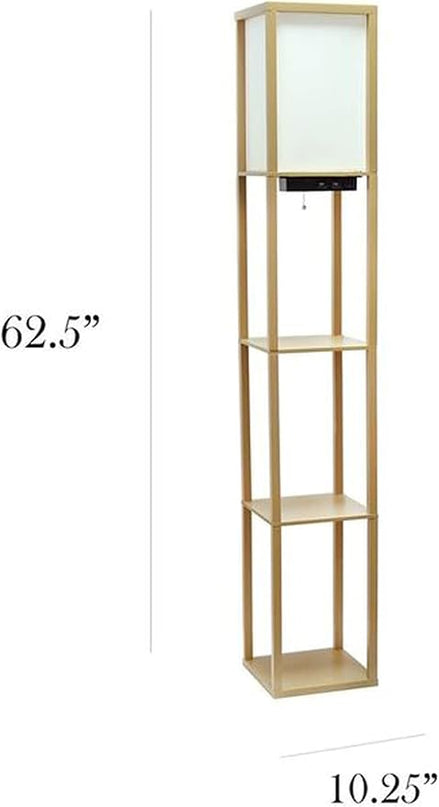 Simple Designs LF1037-TAN Floor Lamp Etagere Organizer Storage Shelf with 2 USB Charging Ports, 1 Charging Outlet and Linen Shade, Tan - LeafyLoom