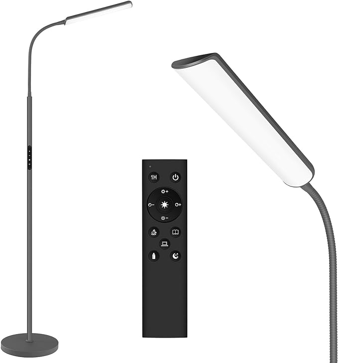 Dimunt LED Floor Lamp, 15W Bright Floor Lamps for Living Room with 1H Timer, Dimmable 3000K-6000K Colors & Brightness Standing Lamp with Remote Push Button, Reading Floor Lamps for Home Office- Grey - LeafyLoom