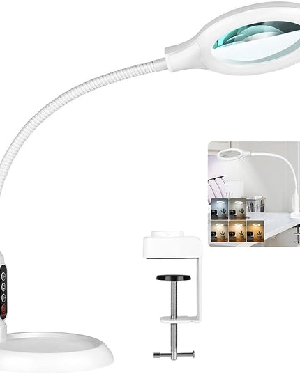 5X Magnifying Glass with Light and Clamp, 5 Color Modes Stepless Dimmable Lighted Magnifier with Stand, Flexible Gooseneck LED Desk Lamp Hands Free for Craft Painting Hobby Close Work - LeafyLoom