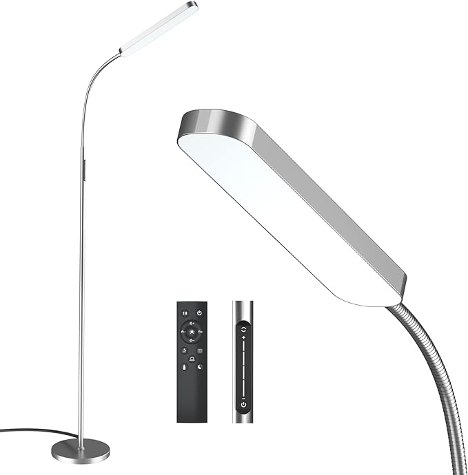 Floor Lamp, 15w/1000lm Bright LED Floor Lamp with Stepless Adjustable 3000K-6000K Colors and Dimmer, Remote and Touch Control Reading Lamp, Adjustable Gooseneck Floor Lamp for Living Room - LeafyLoom