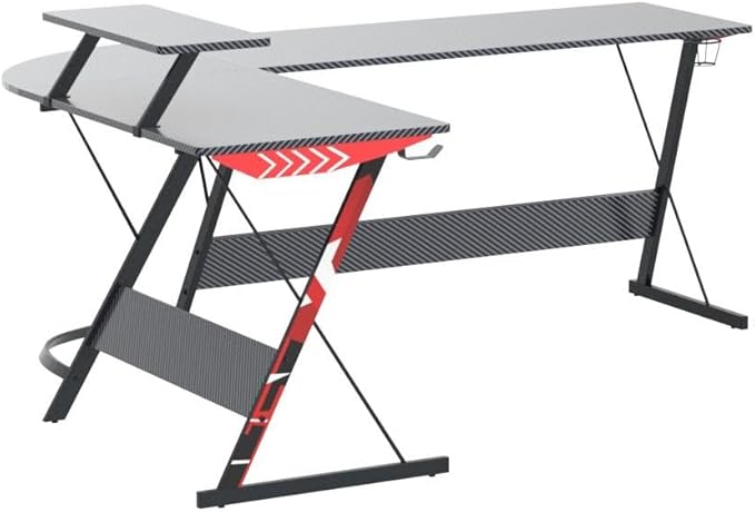 MOTPK L Shaped Gaming Desk 66 Inch, Gaming Computer Desk L Shape with Carbon Fiber Surface, Gamer Desk Gaming Table with Monitor Shelf, Cup Holder & Headphone Hook, Black - LeafyLoom