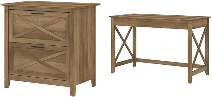 Bush Furniture Key West 2-Drawer Lateral File & Writing Table Set, Modern Farmhouse Home Office - LeafyLoom