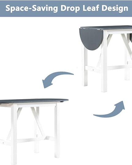 Dining Room Table Set for 2, 3-Piece Wood Counter Height Dining Table Set with Drop Leaf and 2 Upholstered Dining Chairs for Small Place, White+Grey - LeafyLoom