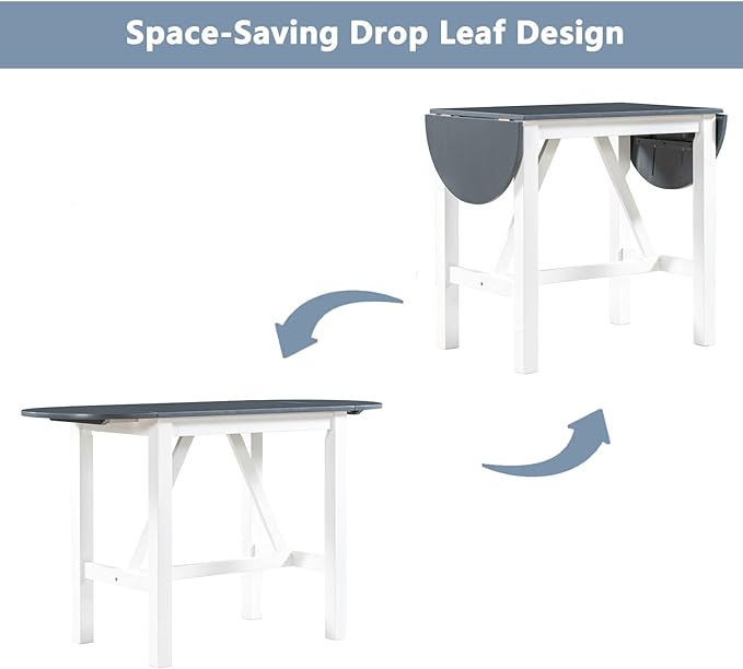 Dining Room Table Set for 2, 3-Piece Wood Counter Height Dining Table Set with Drop Leaf and 2 Upholstered Dining Chairs for Small Place, White+Grey - LeafyLoom