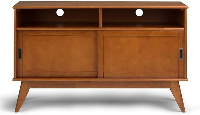 SIMPLIHOME Draper SOLID HARDWOOD 54 Inch Wide Mid Century Modern TV Media Stand in Teak Brown For TVs up to 60 Inches, For the Living Room and Entertainment Center - LeafyLoom