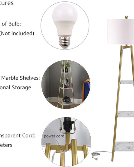 Floor Lamp, Standing Reading Light with Shelves and Gold Shade, Modern Tall Pole Lamp, Accent Furniture Décor Lighting for Living Room, Bedrooms (Gold, White Shade) - LeafyLoom
