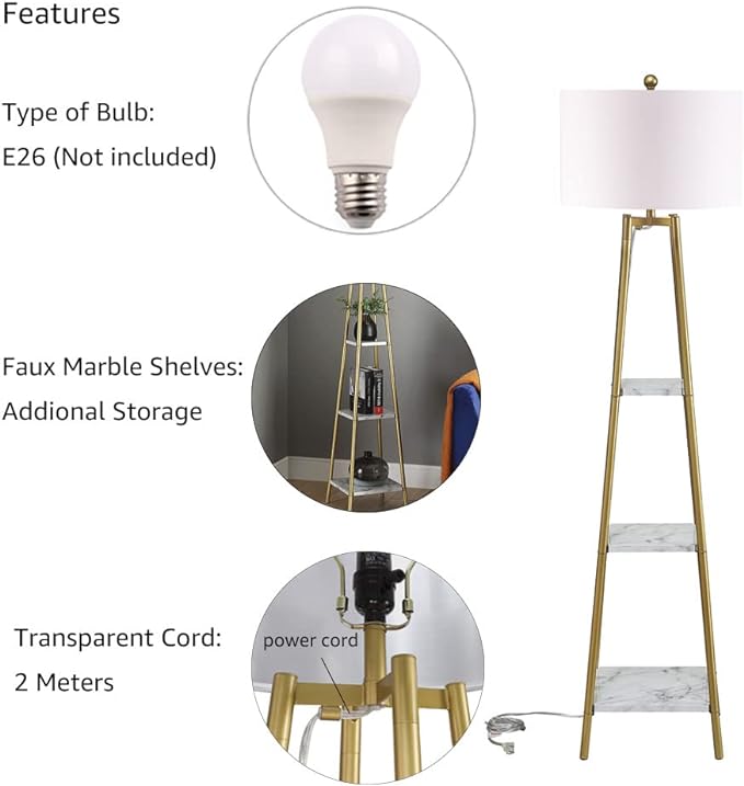 Floor Lamp, Standing Reading Light with Shelves and Gold Shade, Modern Tall Pole Lamp, Accent Furniture Décor Lighting for Living Room, Bedrooms (Gold, White Shade) - LeafyLoom