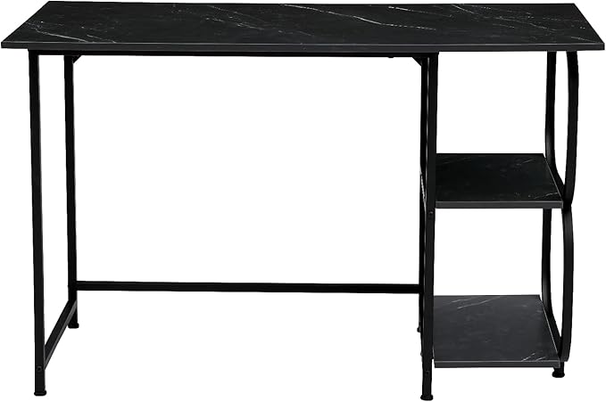 Black Marble 47inch Computer Desk Writing Workstation Home Office Table with 2-Tier Storage Shelves for Small Space - LeafyLoom