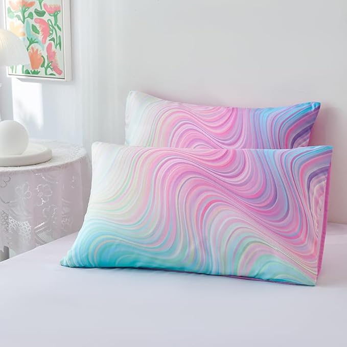 7PCS Girls Comforter Sets Queen,Pink Comforter Queen,Girls Bed Sets Queen,Bed in a Bag with Flat Sheet and Fitted Sheet,Pillowcases,Cushions for Girls,Rainbow Bedding Sets - LeafyLoom