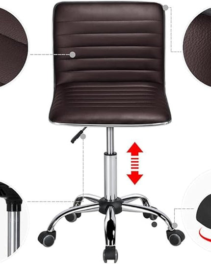 Yaheetech Task Chair Armless Office Chair PU Leather Ribbed Modern Desk Chair Adjustable Low-Back Swivel Chair w/Rolling Wheels Comfy Working Chair Makeup Chair, Brown - LeafyLoom