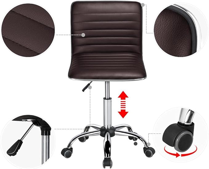 Yaheetech Task Chair Armless Office Chair PU Leather Ribbed Modern Desk Chair Adjustable Low-Back Swivel Chair w/Rolling Wheels Comfy Working Chair Makeup Chair, Brown - LeafyLoom
