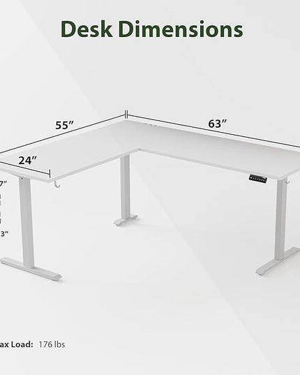 L Shaped Standing Desk Adjustable Height, Electric Corner Standing Desk, 63 x 55 inch Sit Stand Computer Table with Splice Board, White - LeafyLoom