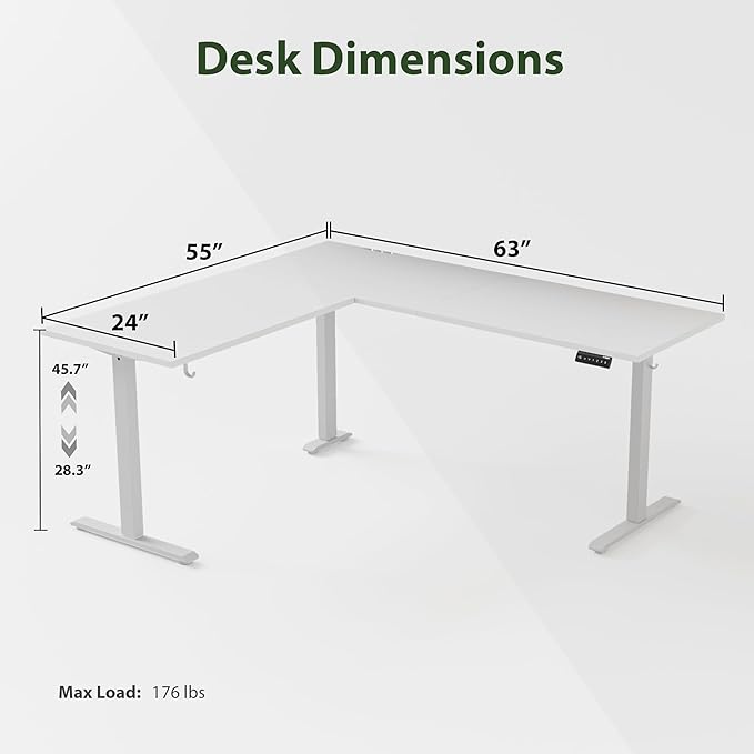 L Shaped Standing Desk Adjustable Height, Electric Corner Standing Desk, 63 x 55 inch Sit Stand Computer Table with Splice Board, White - LeafyLoom