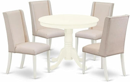 East West Furniture ANFL5-LWH-01 Antique 5 Piece Kitchen Set Includes a Round Room Table with Pedestal and 4 Cream Linen Fabric Parson Dining Chairs, 36x36 Inch - LeafyLoom