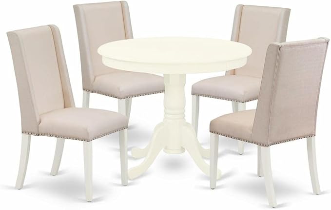 East West Furniture ANFL5-LWH-01 Antique 5 Piece Kitchen Set Includes a Round Room Table with Pedestal and 4 Cream Linen Fabric Parson Dining Chairs, 36x36 Inch - LeafyLoom