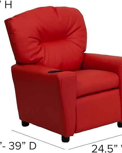Flash Furniture Chandler Vinyl Kids Recliner with Cup Holder and Safety Recline, Contemporary Reclining Chair for Kids, Supports up to 90 lbs., Red - LeafyLoom