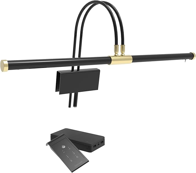 Cocoweb 22" Grand Piano Lamp, LED, Adjustable, Quality Lighting in Black with Brass Accents, with Rechargeable Battery Pack - GPLEDV-22D-BP4 - LeafyLoom