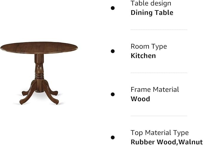 East West Furniture DLT-AWA-TP Dublin Dining Room Table - a Round Solid Wood Table Top with Dropleaf & Pedestal Base, 42x42 Inch, Walnut - LeafyLoom