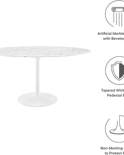 Modway Lippa 60" Oval-Shaped Mid-Century Modern Dining Table with Artificial Marble Top and White Base - LeafyLoom