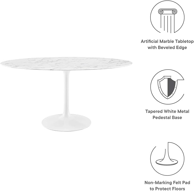 Modway Lippa 60" Oval-Shaped Mid-Century Modern Dining Table with Artificial Marble Top and White Base - LeafyLoom