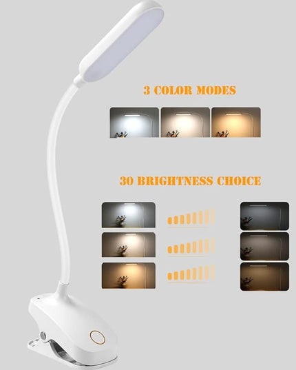 COLORLIFE Desk Lamp Clip On Light-7W 2600mAH Flexible Gooseneck Battery Operated Rechargeable Reading Lamp with Clamp & Stepless Brightness for Desk,Piano,Bed Headboard and Computers - LeafyLoom