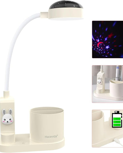 Cute Kids Desk Lamp 2000mAh Rechargeable Kawaii Desk Lamp with Star Projection & Pen Holder, Aesthetic Kids Bedside Lamp with Flexible Gooseneck/ 3 Level Brightness/Eye-Caring for Reading, Study - LeafyLoom