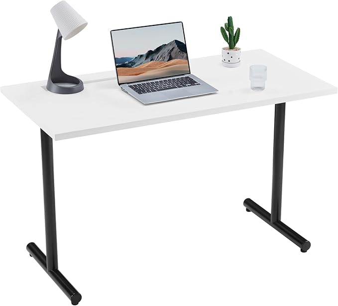 Sunon Home Office 47" Computer Desk Wood Writing Table with Cable Managemant, Black Metal Frame, White - LeafyLoom