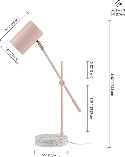 Globe Electric 30292 18" Desk/Table Lamp, Matte Pink, Matte Brass Accent, Terrazzo Base, Adjustable Height, Balance Arm, in-Line Rocker On/Off Switch, Adjustable Lamp, Home Office Accessories - LeafyLoom