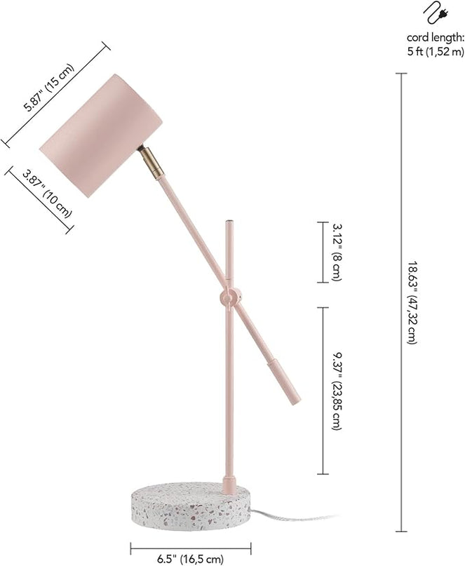 Globe Electric 30292 18" Desk/Table Lamp, Matte Pink, Matte Brass Accent, Terrazzo Base, Adjustable Height, Balance Arm, in-Line Rocker On/Off Switch, Adjustable Lamp, Home Office Accessories - LeafyLoom