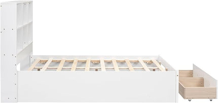 Full Size Platform Bed with Storage Headboard Bookcase, 2 Drawers Underneath and Charging Station, for Bedroom/Guest Room, White - LeafyLoom