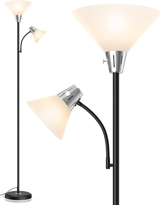 LEPOWER Floor Lamp, Standing Lamp with Replaceable 3000K Energy-Saving LED Bulbs,9W Lamp for Living Room with 5W Adjustable Reading Light, Modern Bright Floor Lamp for Bedroom, Living Room, Office - LeafyLoom
