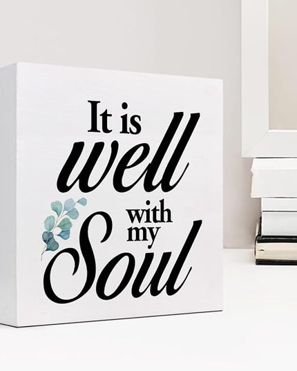 Christian Quote It Is Well With My Soul Wood Box Sign,Holy Bible Quote Decor Desk Sign,Inspirational Song and Hymn Wooden Block Sign for Home Bedroom Office Shelf Tabletop - LeafyLoom
