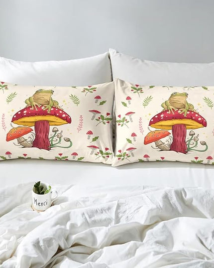 Frog Print Bedding Set Kids Kawaii Decor Comforter Set Frog Mushrooms Comforter Cover Set for Room Decor Botanica Cute Mushroom Decor Beige Red Duvet Set Full Size 3Pcs Quilt Set - LeafyLoom