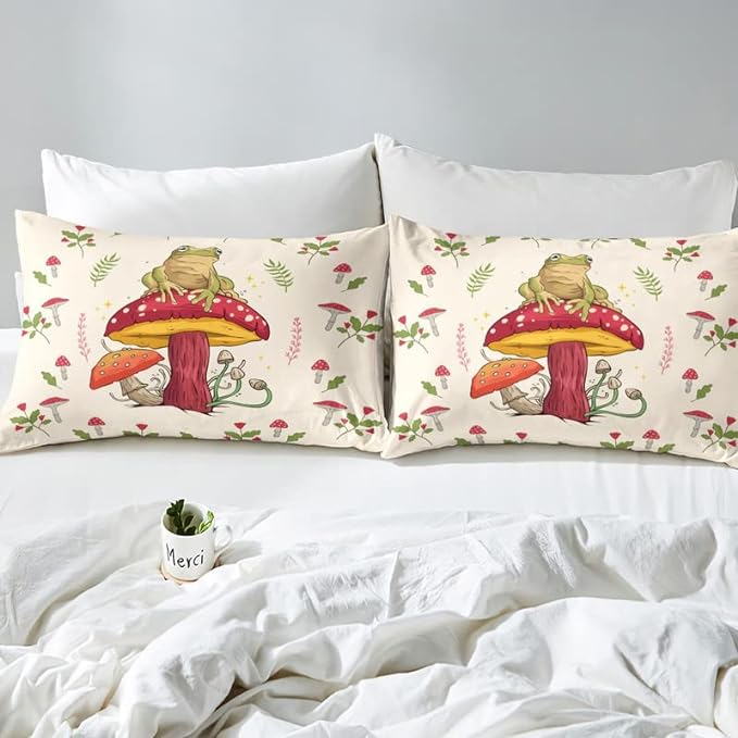 Feelyou Frog Print Bedding Set Kids Kawaii Decor Comforter Set Frog Mushrooms Comforter Cover Set for Room Decor Botanica Cute Mushroom Decor Beige Red Duvet Set Twin Size 2Pcs Quilt Set - LeafyLoom