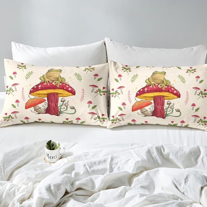 Feelyou Frog Print Bedding Set Kids Kawaii Decor Comforter Set Frog Mushrooms Comforter Cover Set for Room Decor Botanica Cute Mushroom Decor Beige Red Duvet Set Queen Size 3Pcs Quilt Set - LeafyLoom