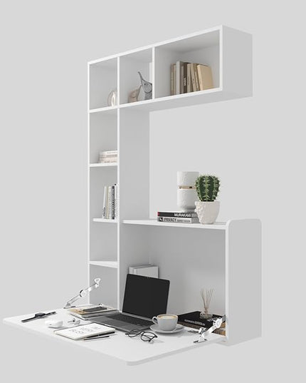 DMAITH Wall Mounted Desk, White Folding Desk for Small Spaces, Hidden Pull Down Floating Writing Desk with Storage Shelf for Home Office - LeafyLoom