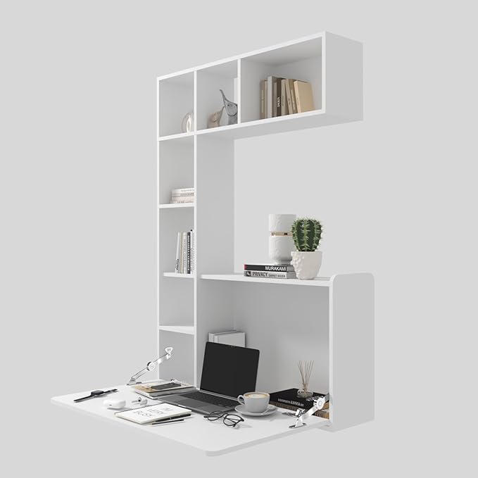 DMAITH Wall Mounted Desk, White Folding Desk for Small Spaces, Hidden Pull Down Floating Writing Desk with Storage Shelf for Home Office - LeafyLoom