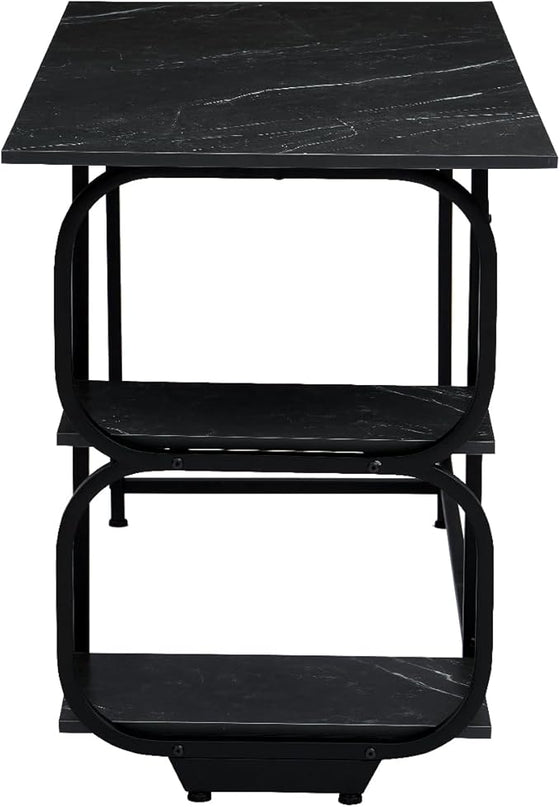 Black Marble 47inch Computer Desk Writing Workstation Home Office Table with 2-Tier Storage Shelves for Small Space - LeafyLoom