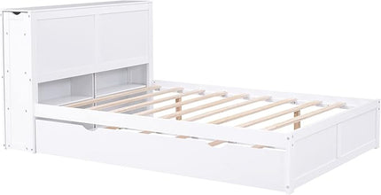 Full Size Platform Bed with Headboard, Pull Out Shelves and Twin Trundle, Wooden Versatile Storage Bedframe for Bedroom Guest Room, White - LeafyLoom