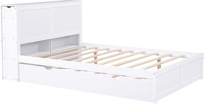 Full Size Platform Bed with Headboard, Pull Out Shelves and Twin Trundle, Wooden Versatile Storage Bedframe for Bedroom Guest Room, White - LeafyLoom