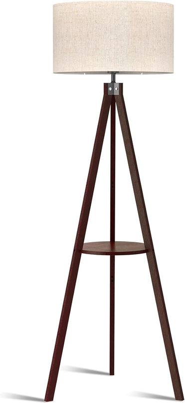 LEPOWER Tripod Floor Lamp, Mid Century Wood Standing Lamp, Modern Design Shelf Floor Lamp for Living Room, Bedroom, Office, Flaxen Lamp Shade with E26 Lamp Base Walnut - LeafyLoom