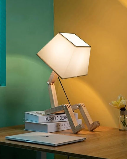 ELINKUME Cute Robot Desk Lamp,Dimmable Bedside Table Lamps,Square Lampshade Night Light with Foldable Solid Wood Body,Fun Kids Lamp, Nightstand lamp for Bedroom,Study,Office,Living room(Gift) - LeafyLoom