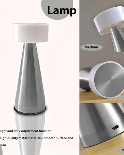 Portable Metal LED Table Lamp, Cordless Metal Desk Lamp, Touch Control Rechargeable Lamp,3-Levels Brightness Room Decor Desk Lamp,Bedside Lamp,Dining Room Lamp (Silver) - LeafyLoom