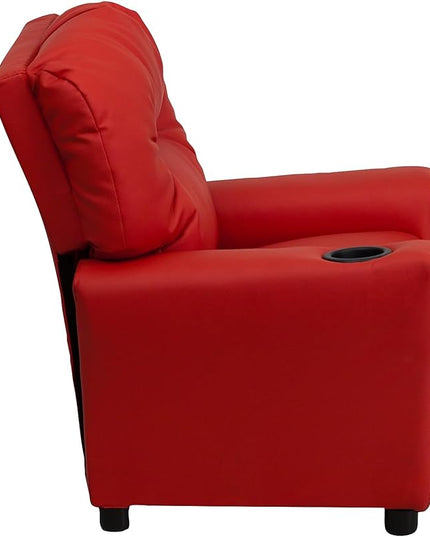 Flash Furniture Chandler Vinyl Kids Recliner with Cup Holder and Safety Recline, Contemporary Reclining Chair for Kids, Supports up to 90 lbs., Red - LeafyLoom