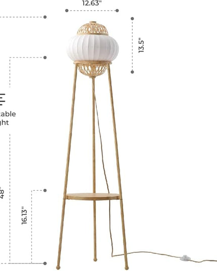 Hikari - Japanese Boho-Chic - Floor Lamp with Shelf Adjustable Height, Silk, Bamboo Woven Shade, for Living Room, Bedroom, Study - UL Listed - LeafyLoom