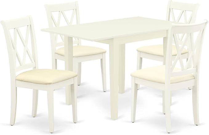 East West Furniture NDCL5-LWH-C Norden 5 Piece Room Set Includes a Rectangle Kitchen Table with Dropleaf and 4 Fabric Upholstered Dining Chairs, 30x48 Inch, Linen White - LeafyLoom